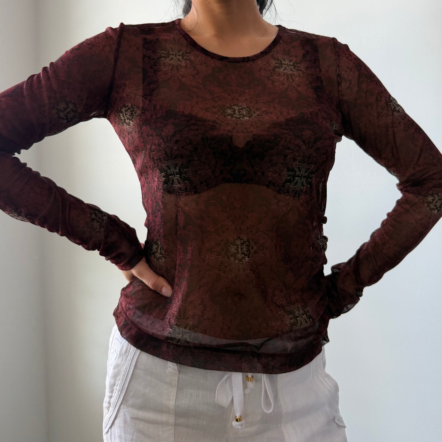 Mexx Burgundy Long Sleeve Snakeskin Print Mesh Top - Medium