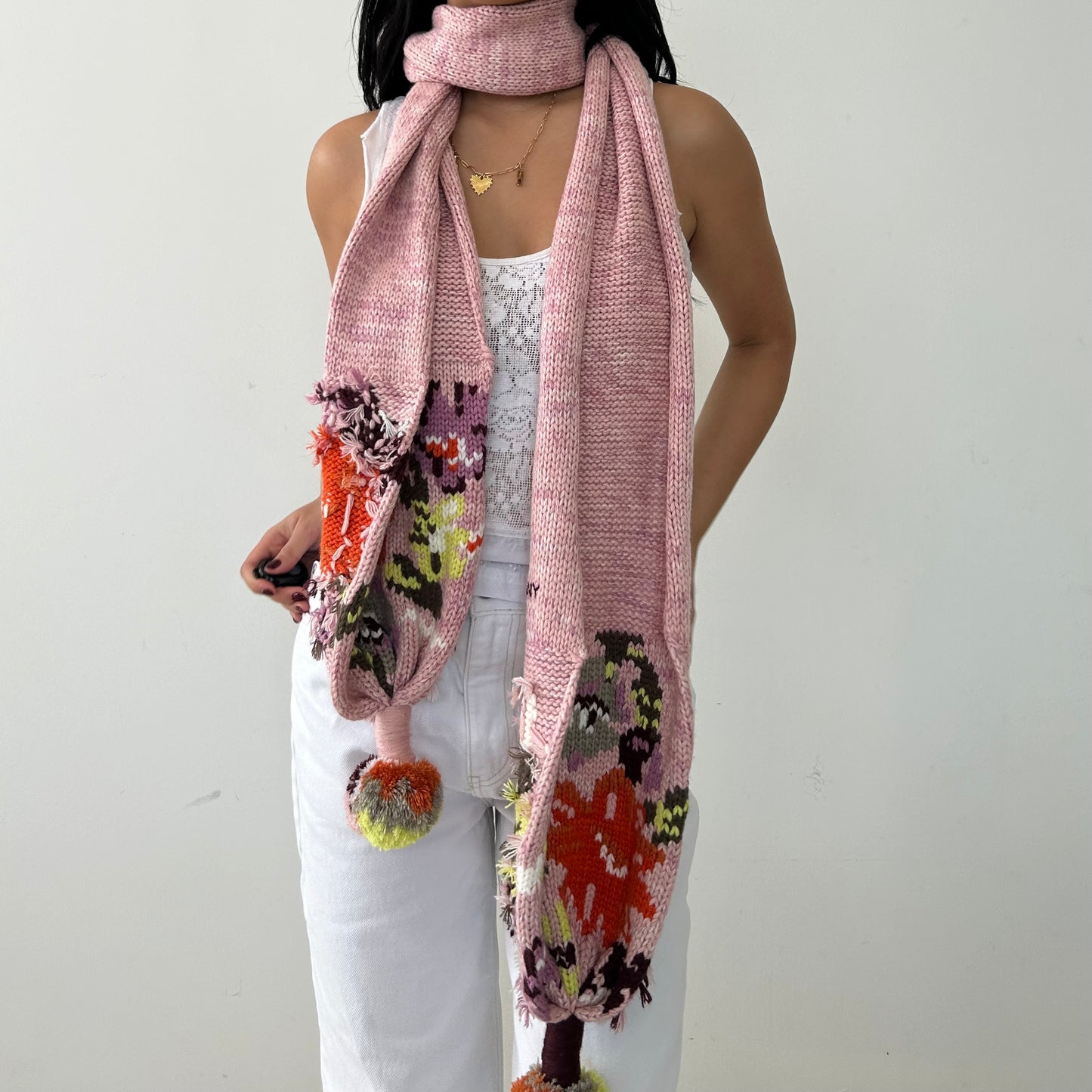 DKNY Pink Pom Pom Knit Scarf