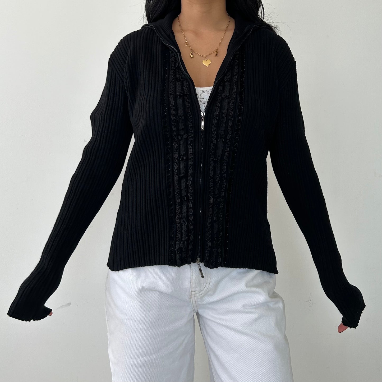 Black Double Zip Ribbed Knit Jacket - Large