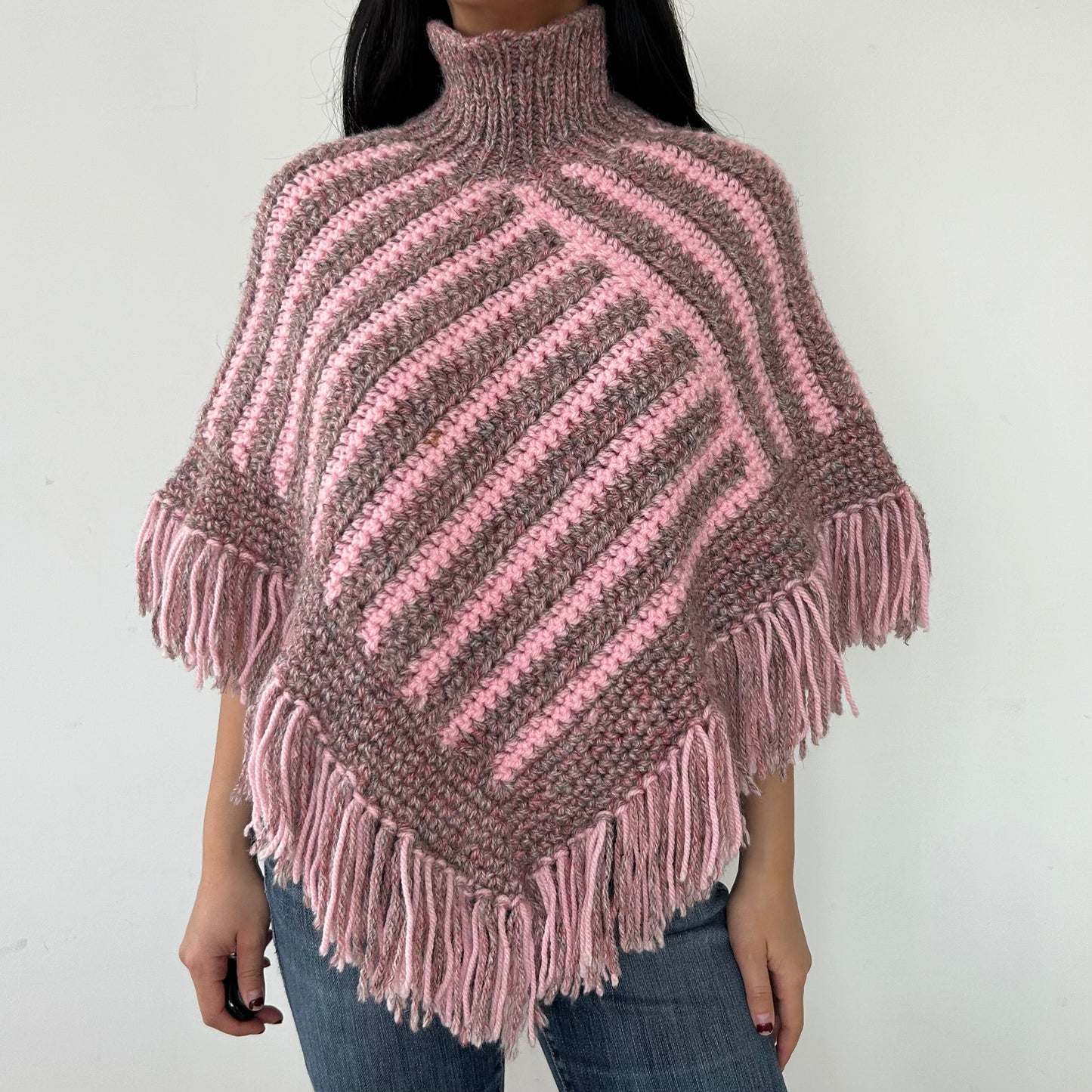 Pink Chunky Knit Striped Poncho with Fringe