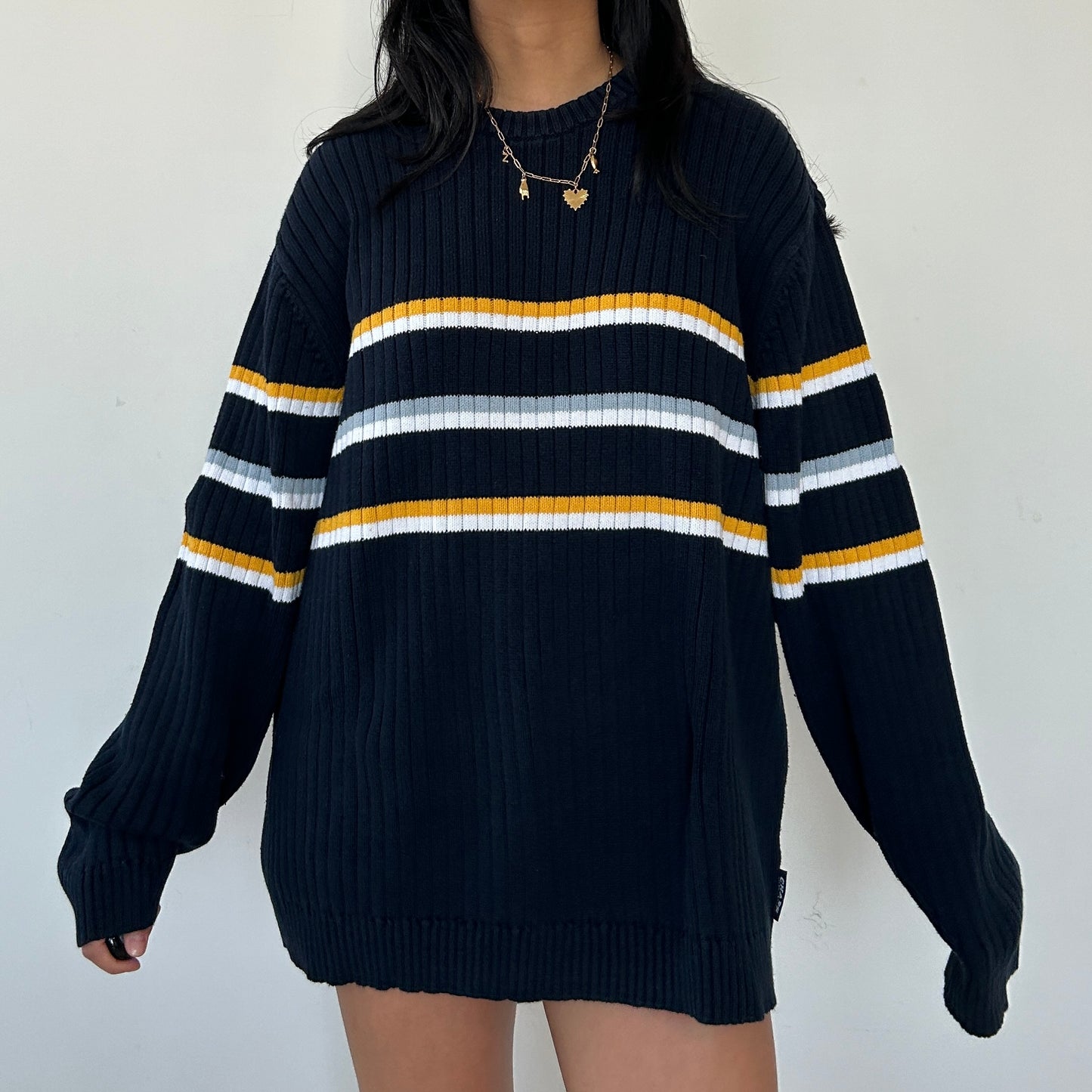 Vintage Chaps by Ralph Lauren Navy Ribbed Crewneck Knit Jumper - Large