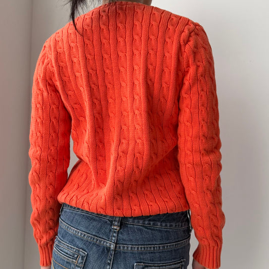 1990s Ralph Lauren Sport Orange V-Neck Cable Knit Jumper - Large
