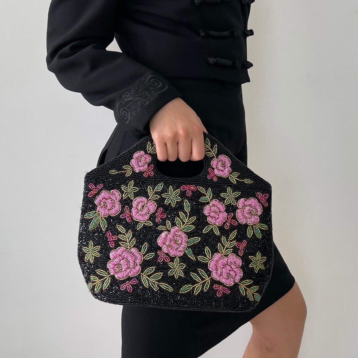 Black Floral Hand Beaded Top Handle Bag