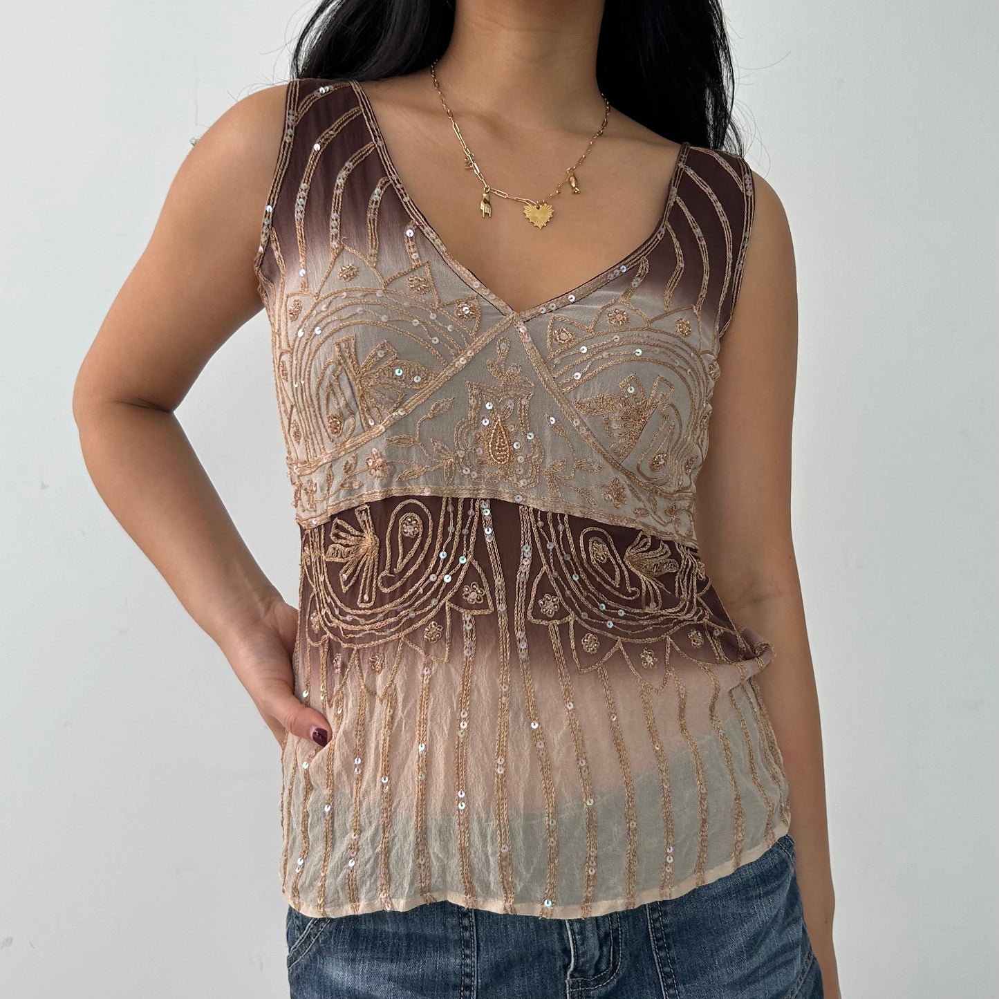 Debbie Shuchat Brown Silk Beaded Top - Small