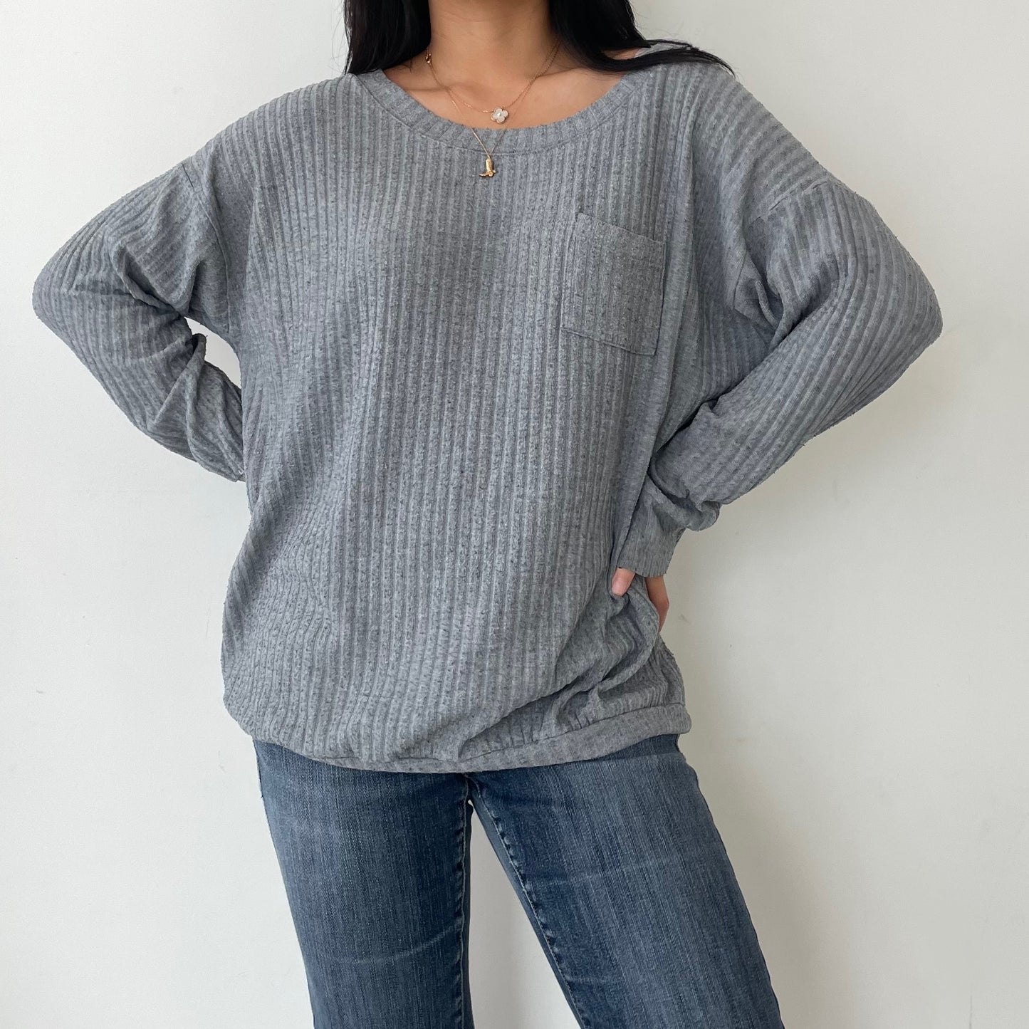 Eberjey Livid Grey Ribbed Long Sleeve Relaxed Knit Top - Large