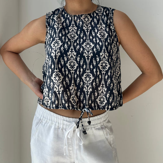 Zara Navy Patterened Sleeveless Poplin Tank - X-Small