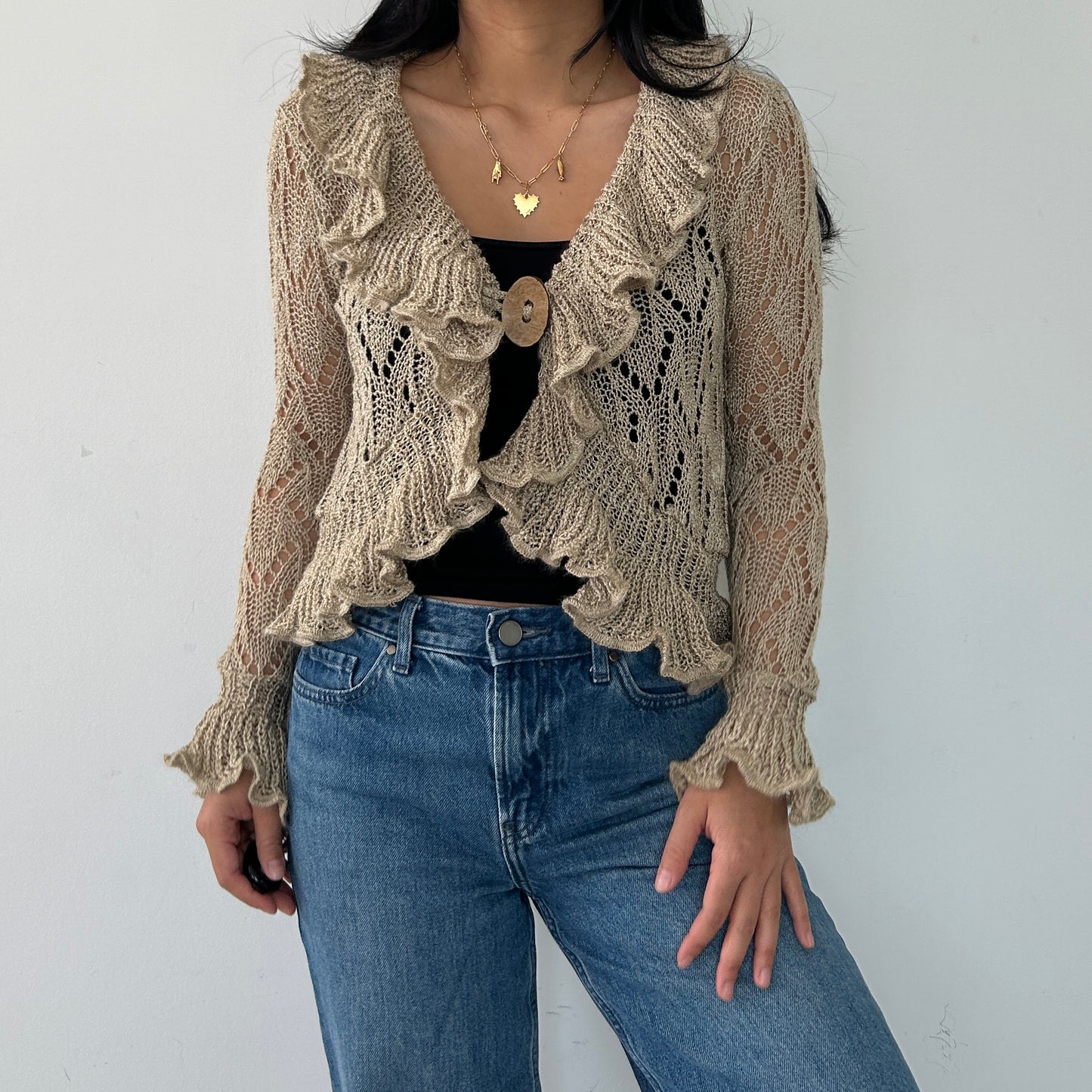 Morgan de Toi Beige Crochet Ruffle Cardigan - X-Small