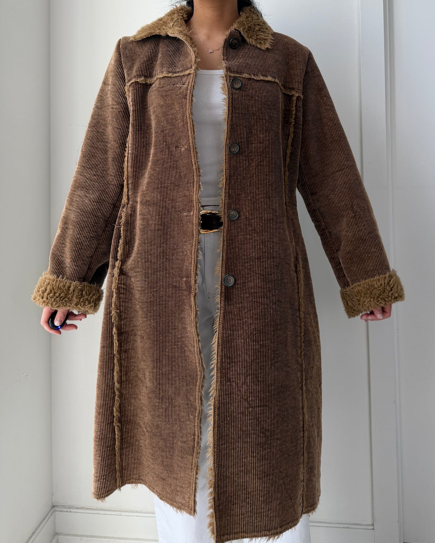 Quickreflex Brown Corduroy Faux Fur Trim Coat - Medium