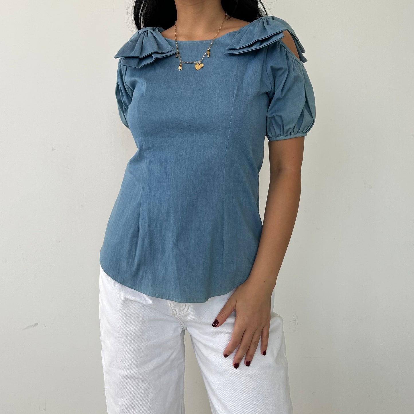 Pinga Blue Cold Shoulder Short Sleeve Blouse - Small