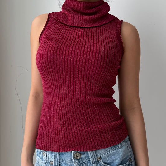1990s Jacob Burgundy Metallic Ribbed Turtleneck Tank Top - Medium