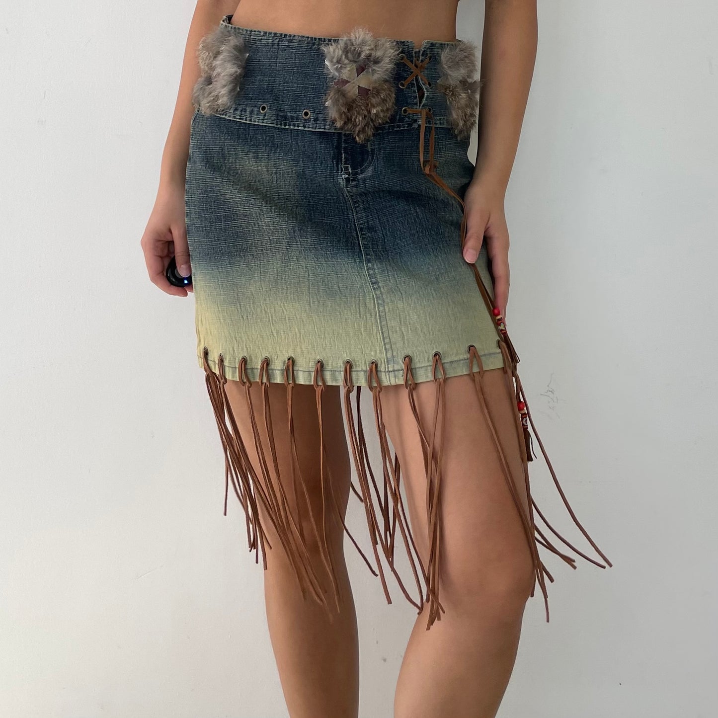 UB Jeans Denim Fringed Mini Skirt - Medium