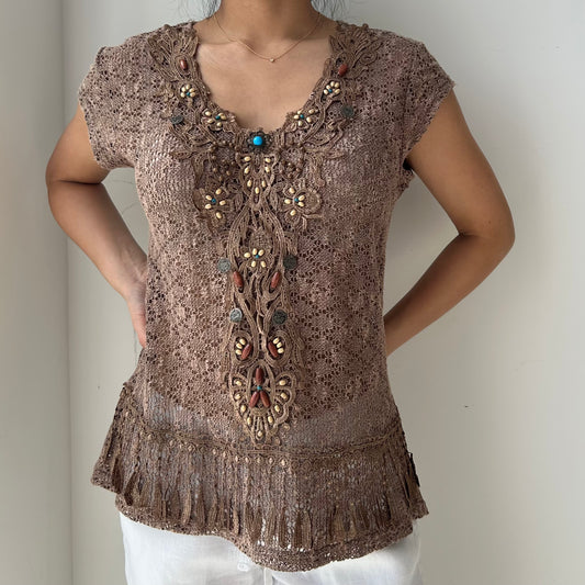 Brown Short Sleeve Crochet Knit Top - Medium