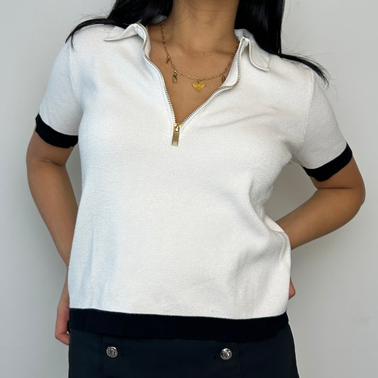 Zara White Short Sleeve Polo Knit - X-Small