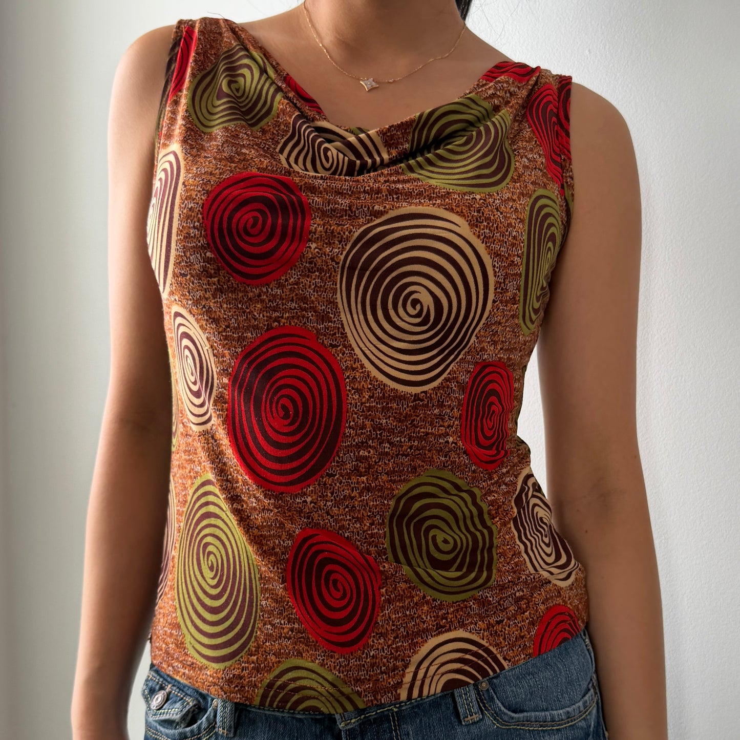 Earth Toned Printed Slinky Cowl Neck Tank - Small