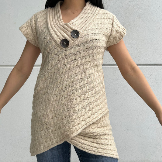 Cream Mohair Blend Cable Knit Short Sleeve Tunic Sweater - Medium