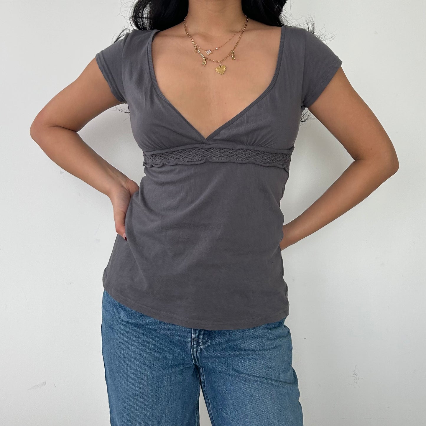 H&M Grey V-Neck Cotton Tee - Small