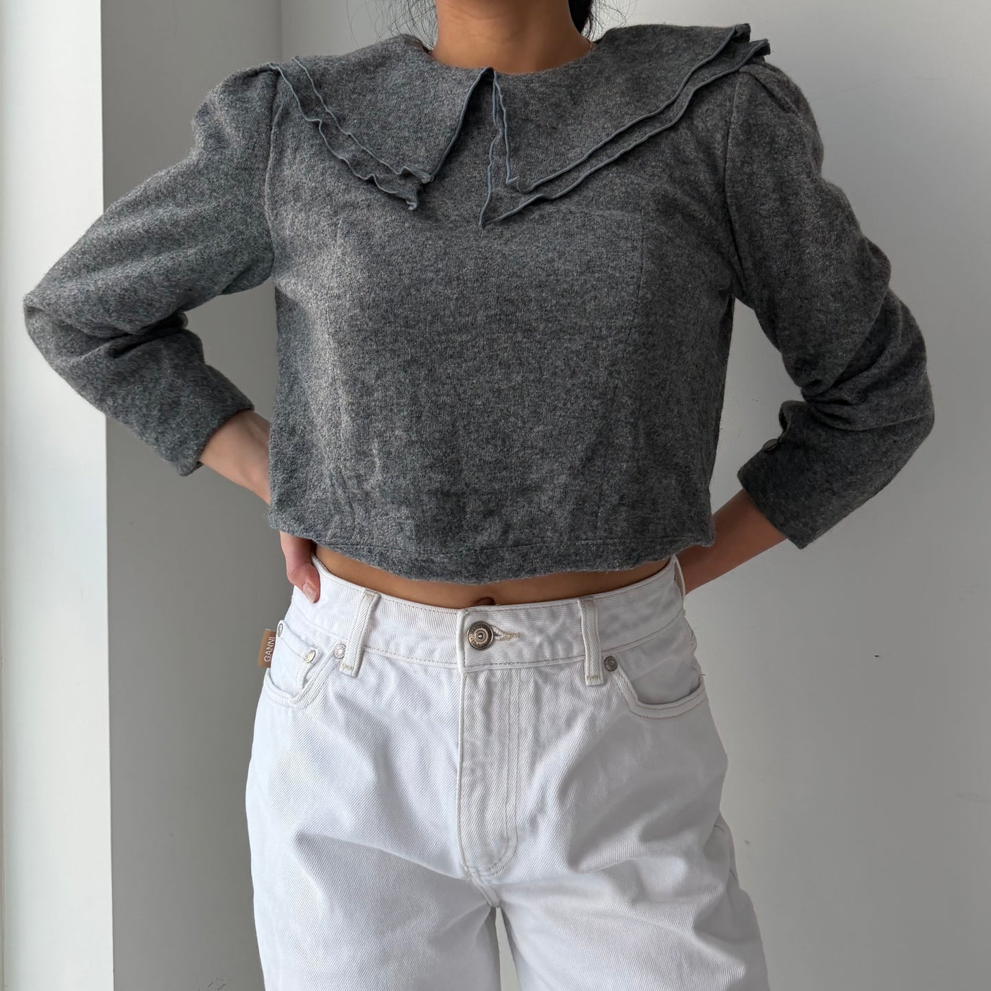 Made in Japan Grey Peter Pan Collar Wool Blend Knit Top - X-Small