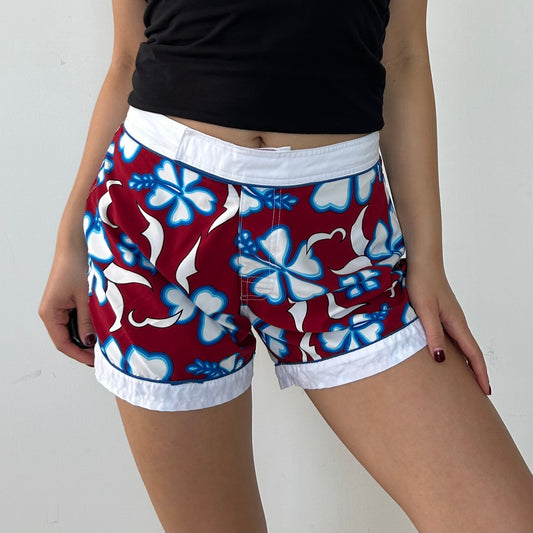 Vintage Garage Burgundy Hibiscus Print Swim Shorts - W26