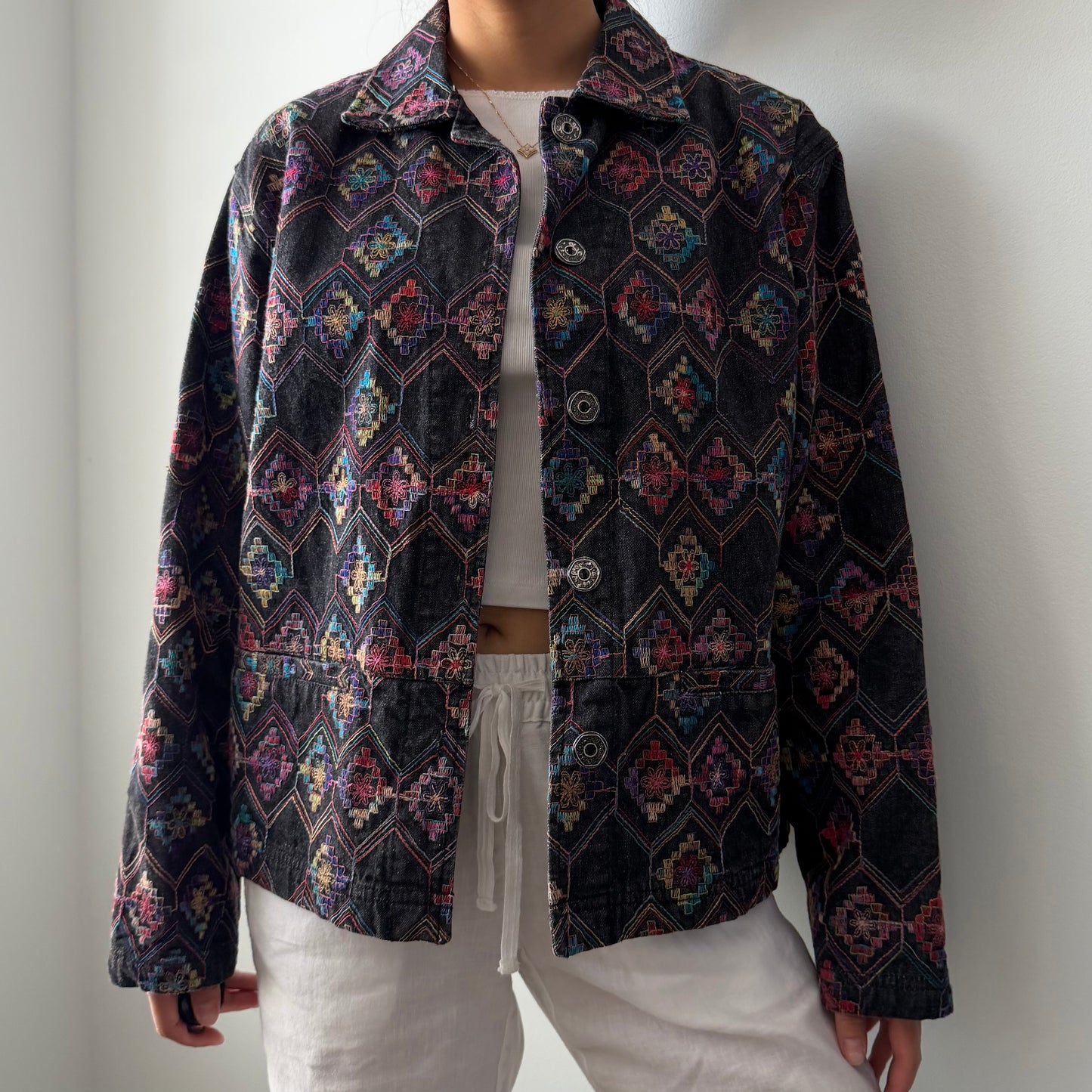 1990s Chico's Design Embroidered Denim Jacket - Medium