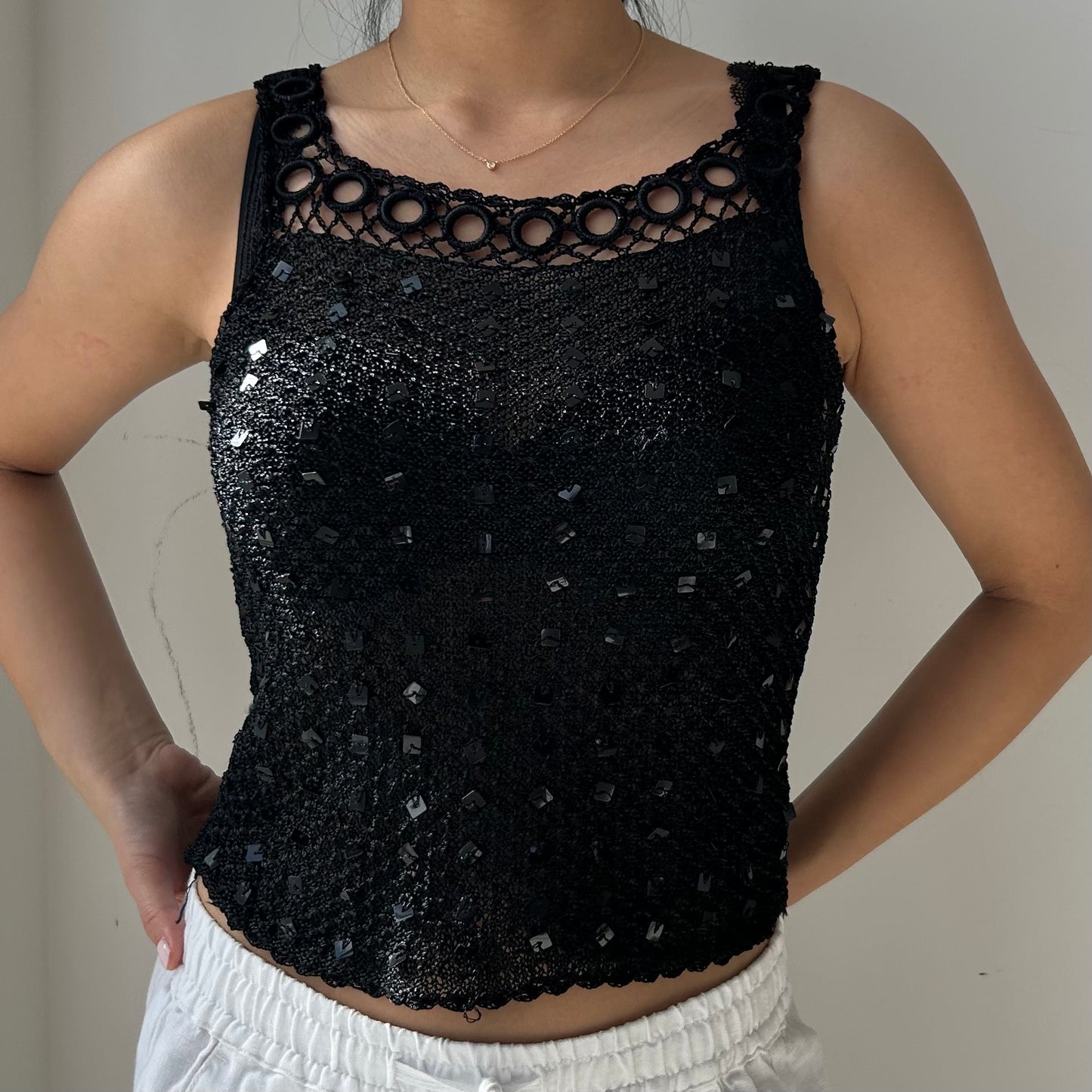 Black Crochet Knit Tank with Square Sequins - X-Small