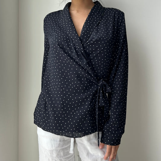 Vince Navy Polka Dot Long Sleeve Wrap Blouse - Large
