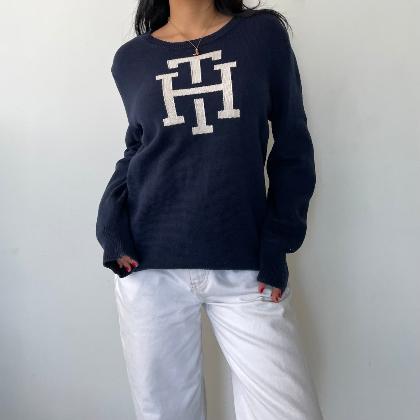 Tommy Hilfiger Navy Long Sleeve Cotton TH Monogram Crewneck Knit Jumper - X-Large