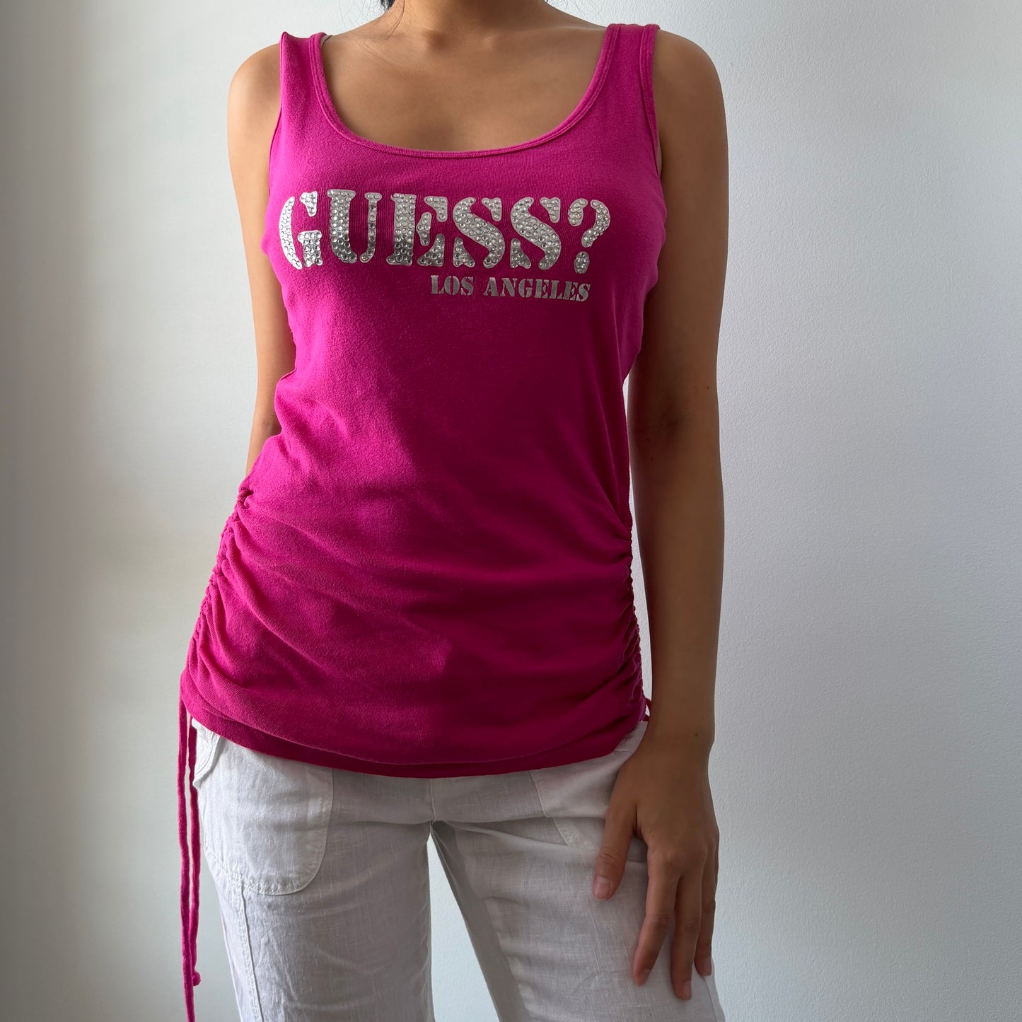 Guess Hot Pink Ruched Logo Tank - Large