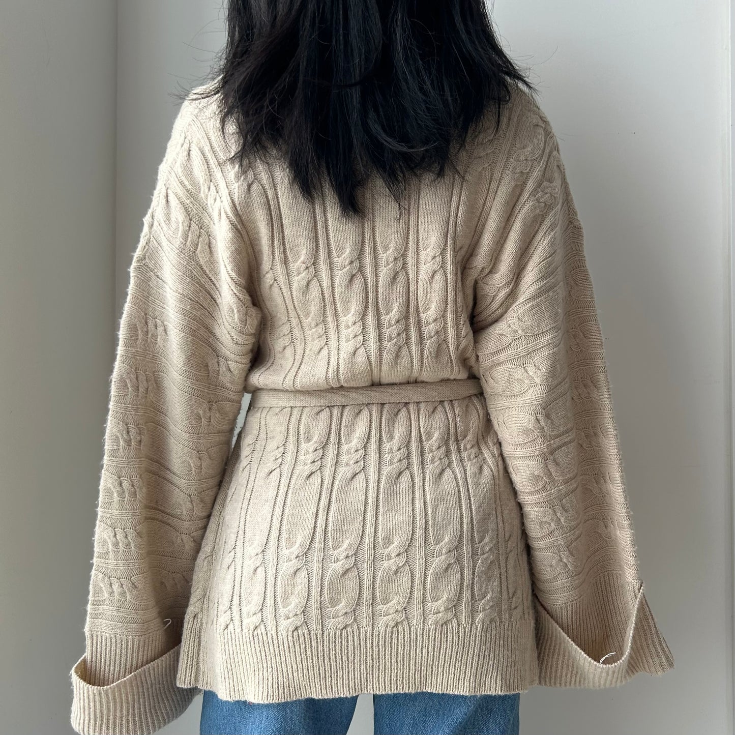 Costa Blanca Cableknit Belted Wool Blend Wrap Cardigan - Medium/Large