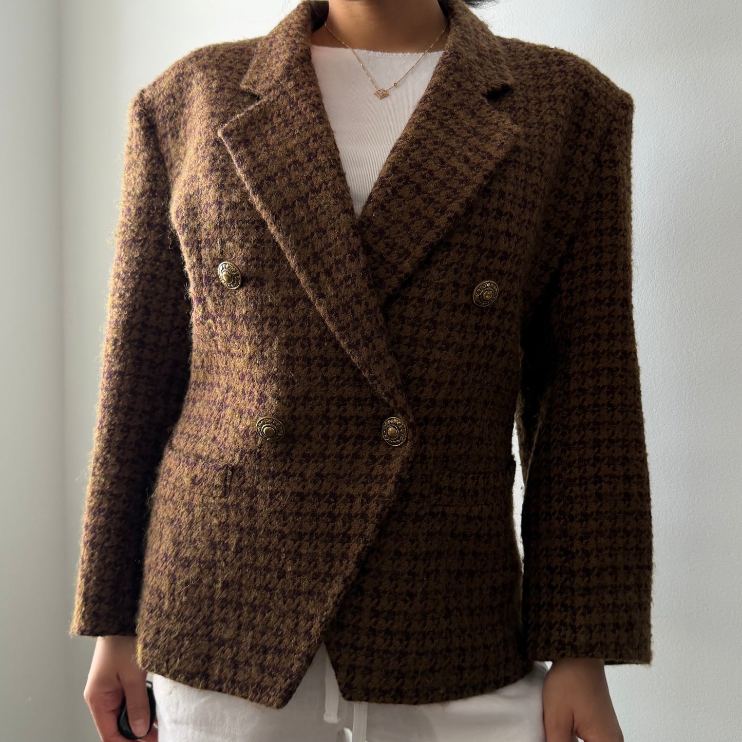 1990s Made in Canada Brown Houndstooth Wool and Mohair Blazer - Medium