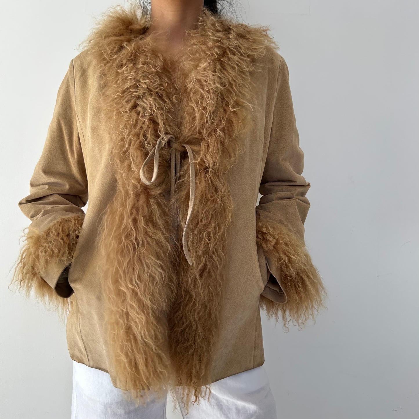 Express Brown Suede and Mongolian Fur Trim Coat - Medium