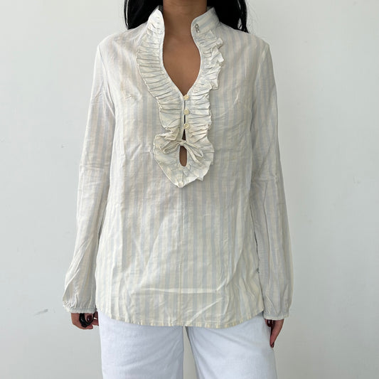 BNWT Sisley Cream Striped Ruffle Collar Blouse - Small/Medium