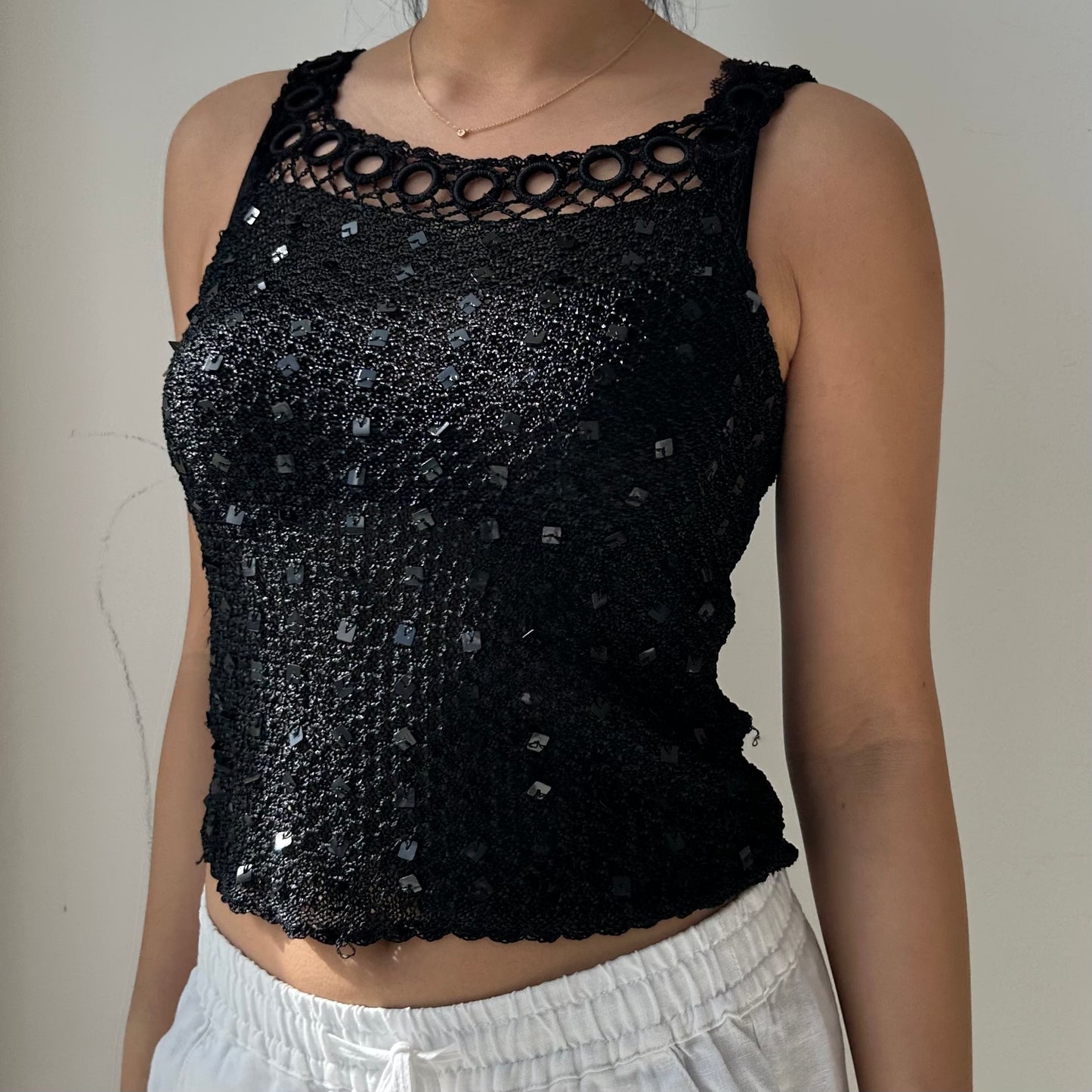 Black Crochet Knit Tank with Square Sequins - X-Small