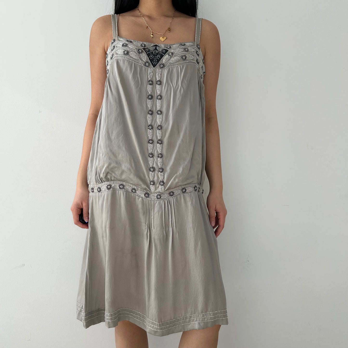 Massimo Dutti Silver Embellished Silk Dress - Large