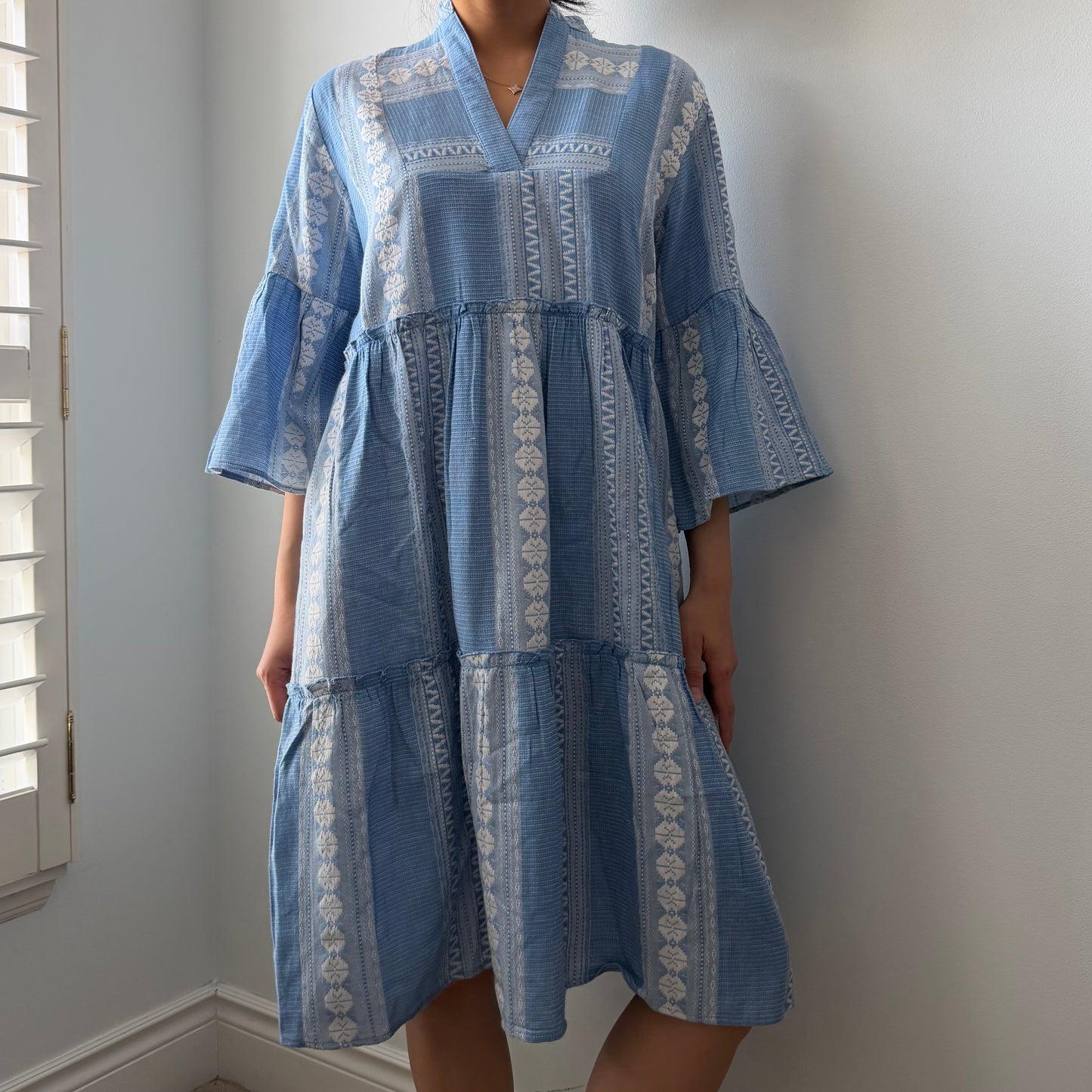Lemonwood Blue and White Long Sleeve Tiered Dress - Small
