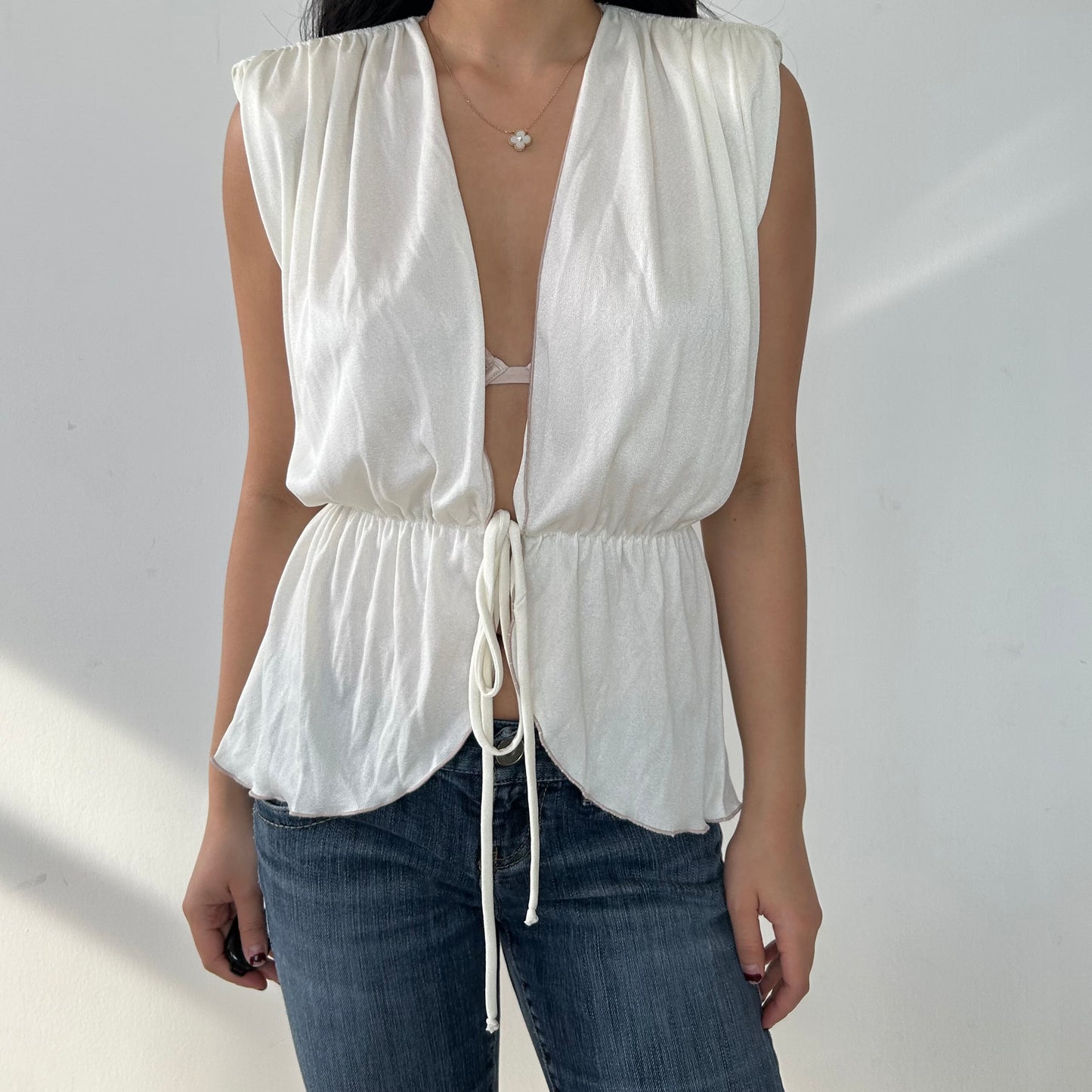 White Sleeveless Tie-Front Top - X-Small