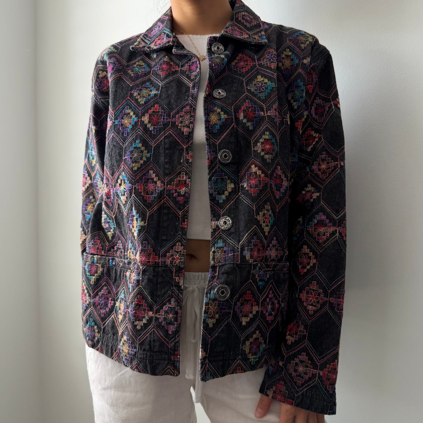 1990s Chico's Design Embroidered Denim Jacket - Medium
