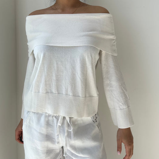 The Curated White Silk and Cashmere Blend Off Shoulder Top - Small