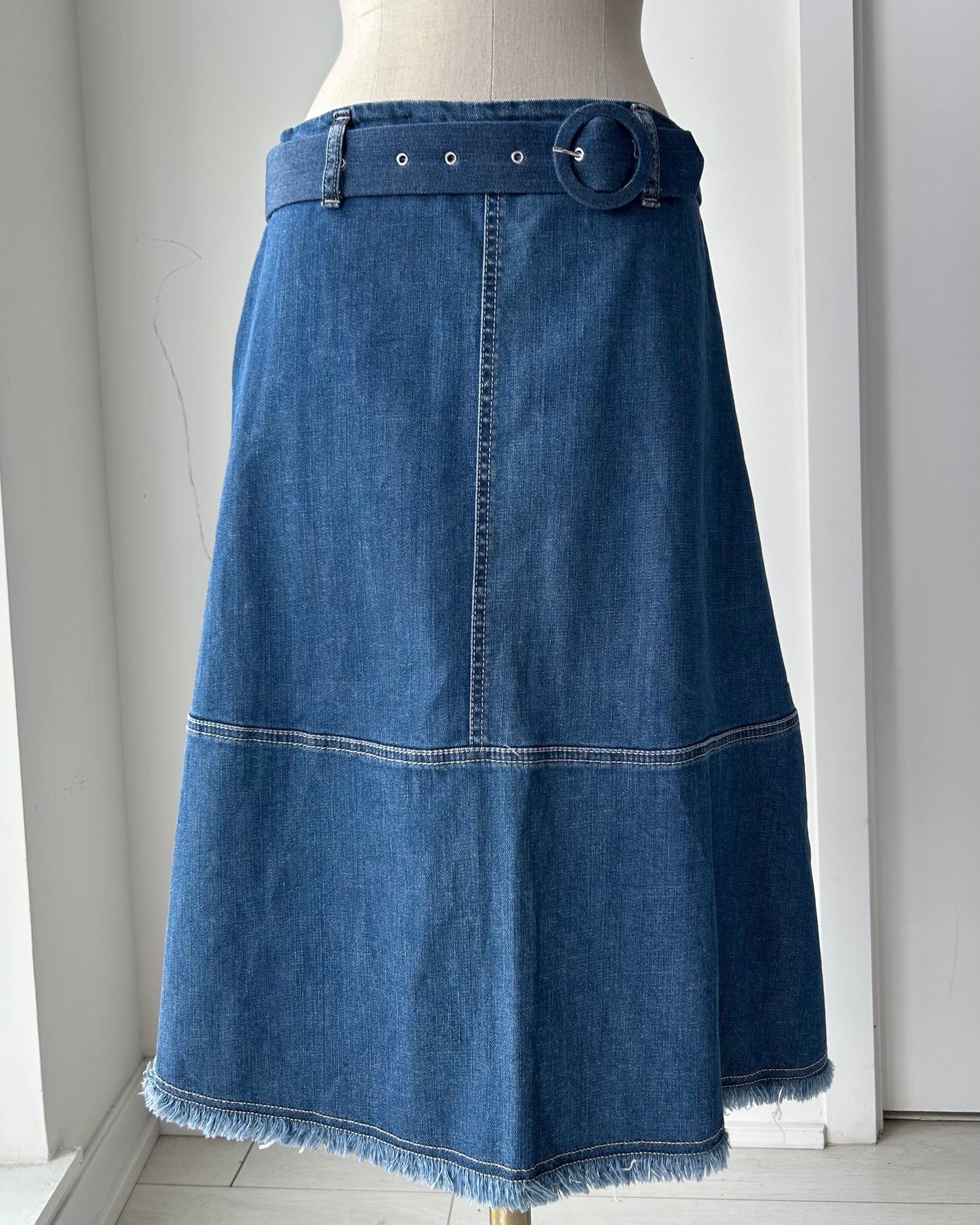 Please A-Line Belted Denim Midi Skirt - Small