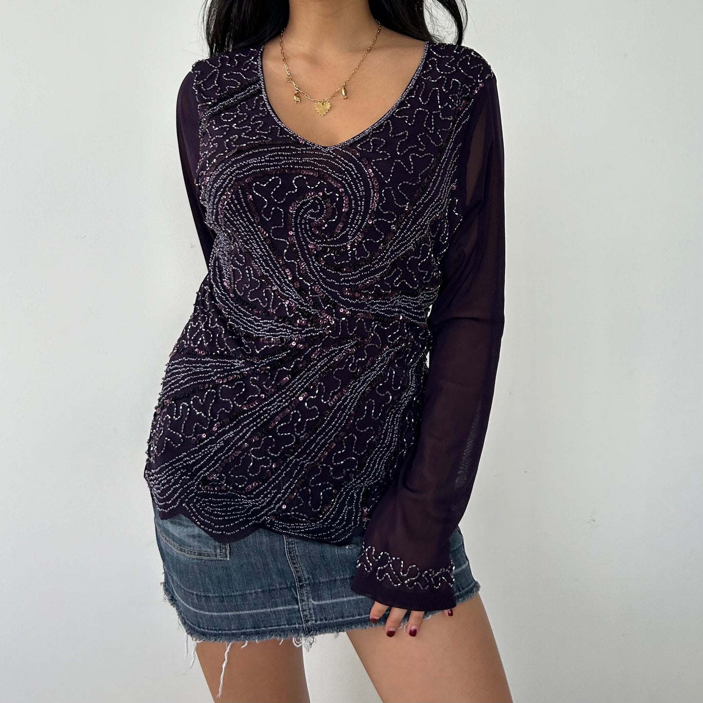 Purple Beaded Long Sleeve Mesh Top - Large