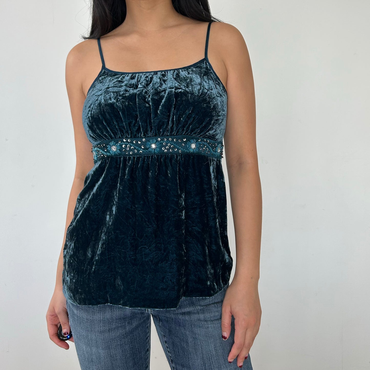 Teal Silk-Blend Velvet Tank with Beaded Embellishments - X-Small