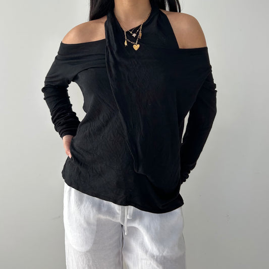 0044 Paris Black Silk Blend Draped Off-Shoulder Top - Medium