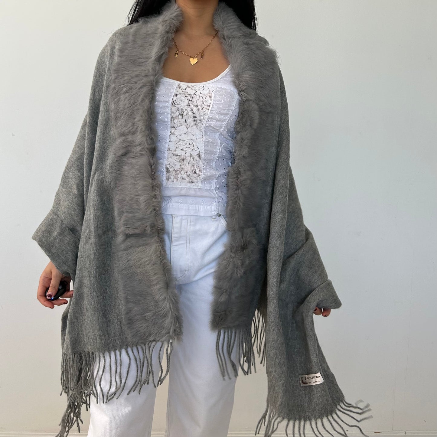 Grey Rabbit Fur Trimmed Cashmere Wrap