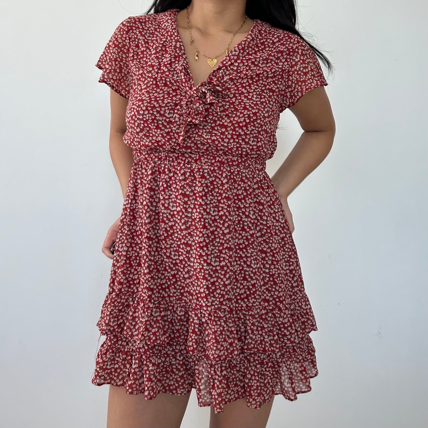 Red Floral Short Sleeve Ruffle Dress - X-Small