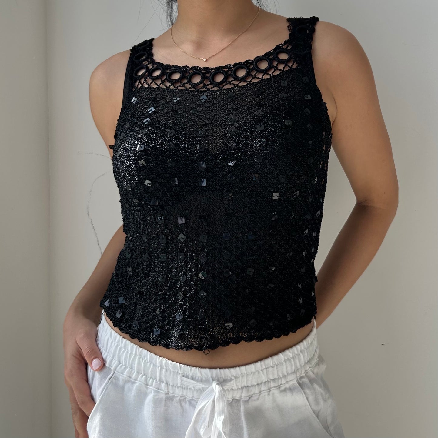 Black Crochet Knit Tank with Square Sequins - X-Small