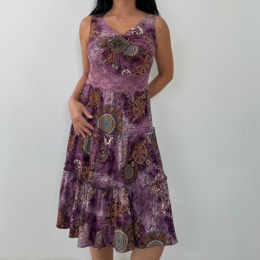 Purple Patterned Dress with Beaded Clasp - Small