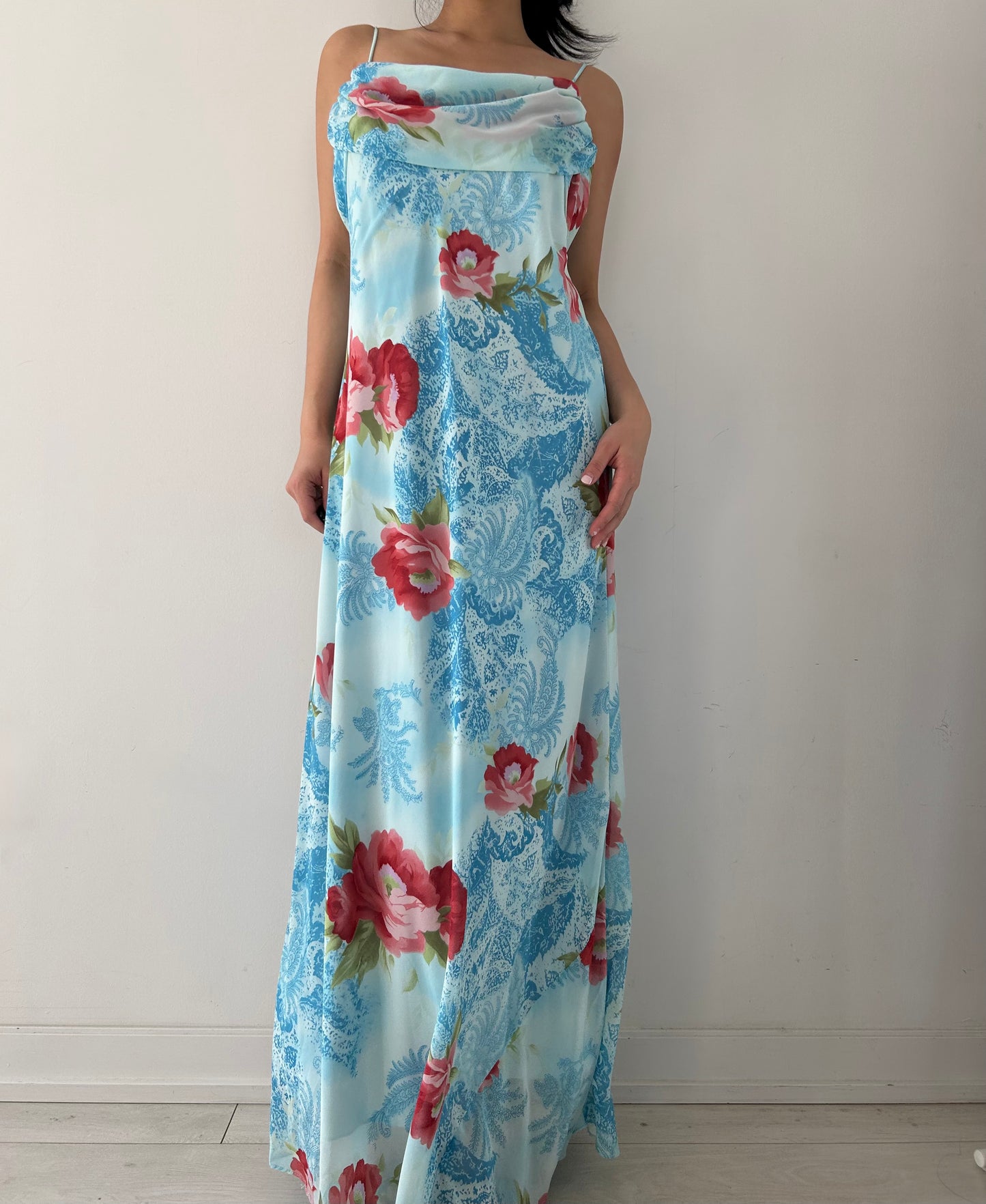 1990s Alyn Paige Made in USA Blue Floral Maxi Dress - Large
