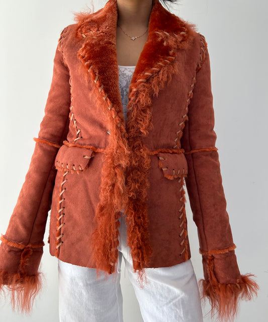 Rust Faux-Shearling Jacket with Mongolian Fur Trim - X-Small/Small