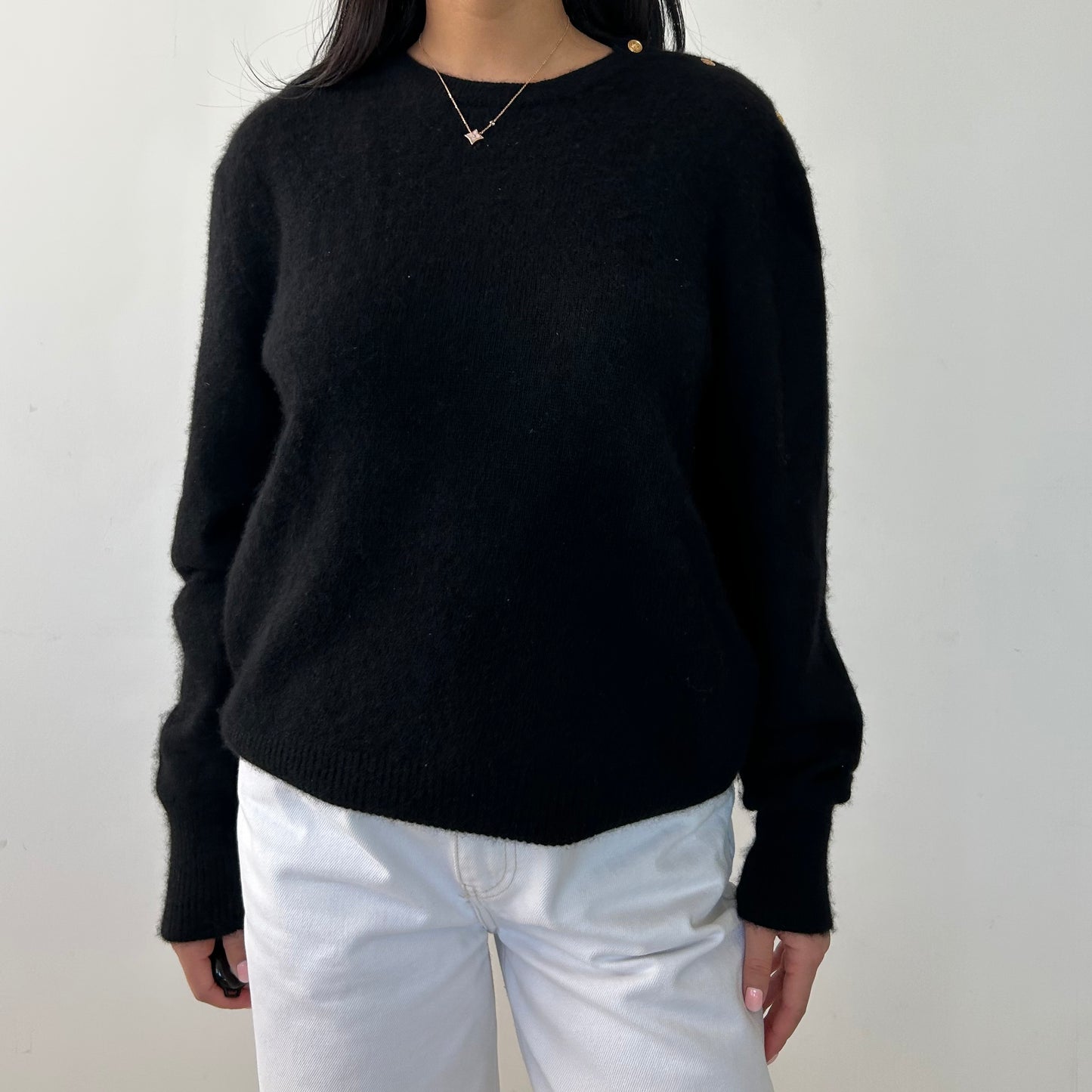 Vintage 1990s Neiman Marcus Black Cashmere Crewneck Knit Jumper with Gold Buttons - Large