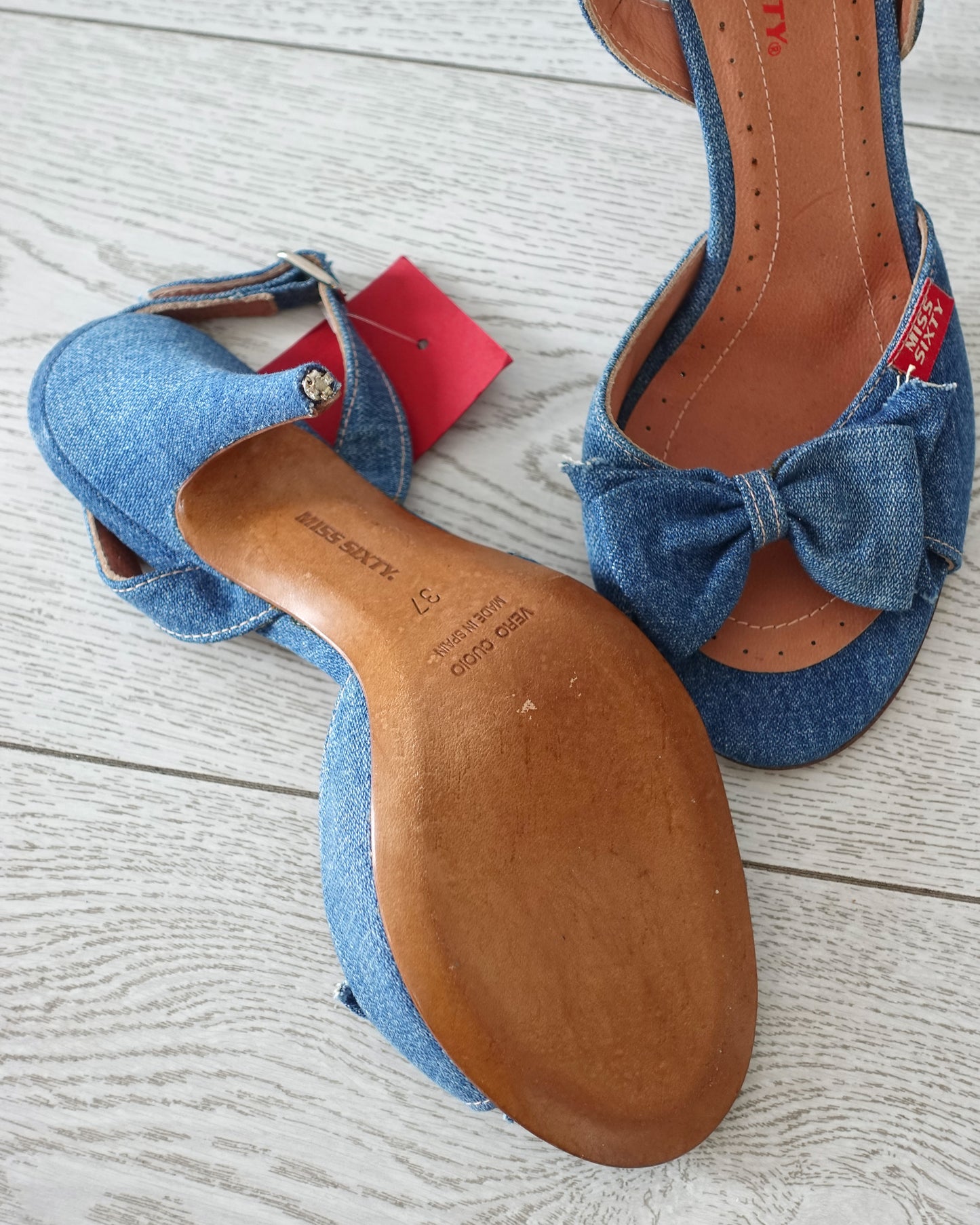 BNWT Vintage Y2K Miss Sixty Denim Open Toe Slingback Heel with Bow - EU 37