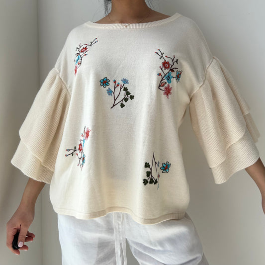 White Embroidered Floral Sweater - Medium